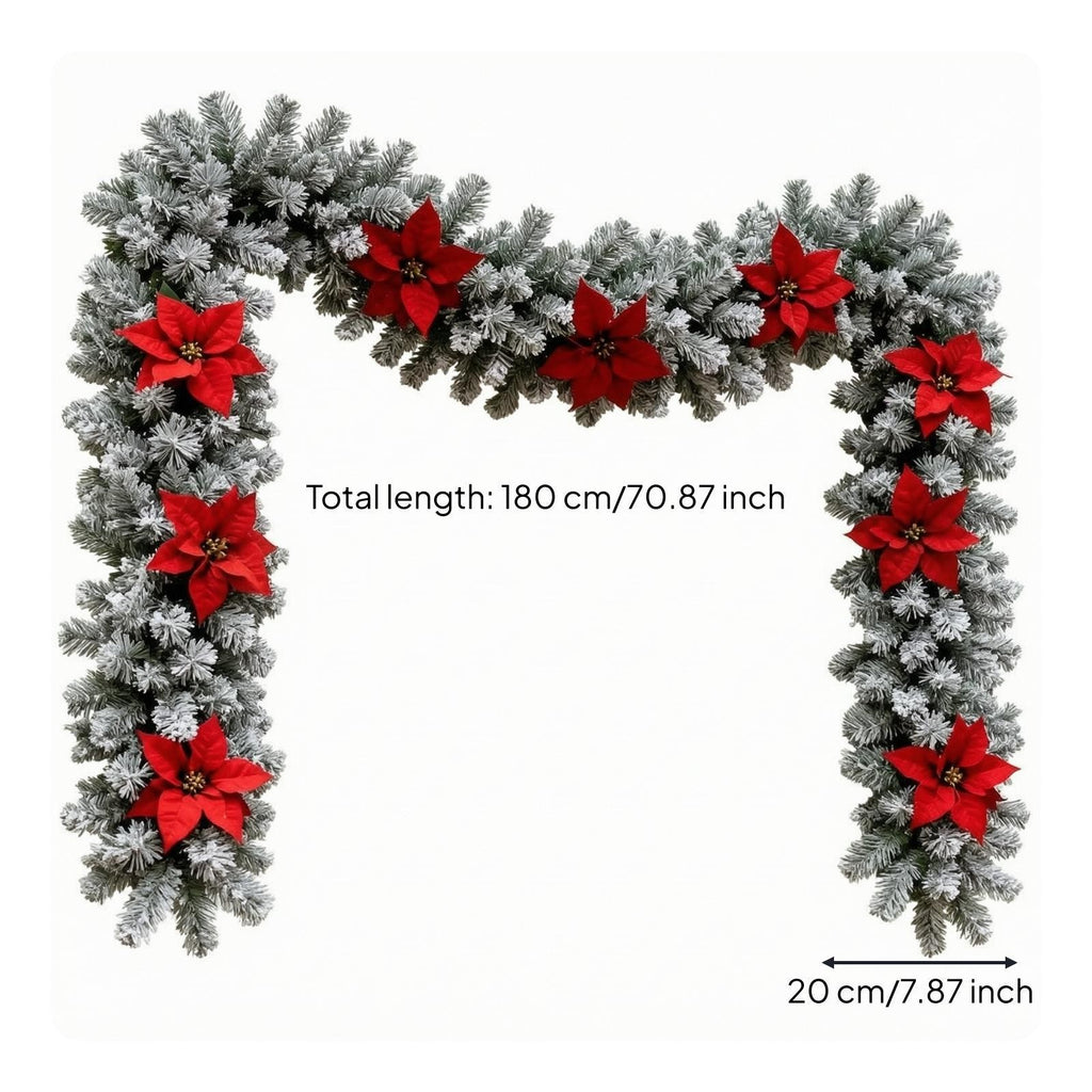 Fir Garland with Poinsettias Winter Decorations Flexible for Mantel
