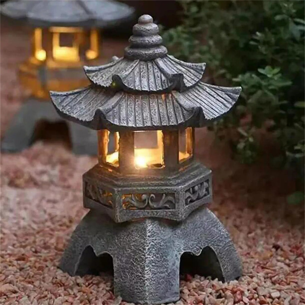 Solar Powered Pagoda Lantern Stone Tower Statue LED Solar Lamp Garden Yard Decor