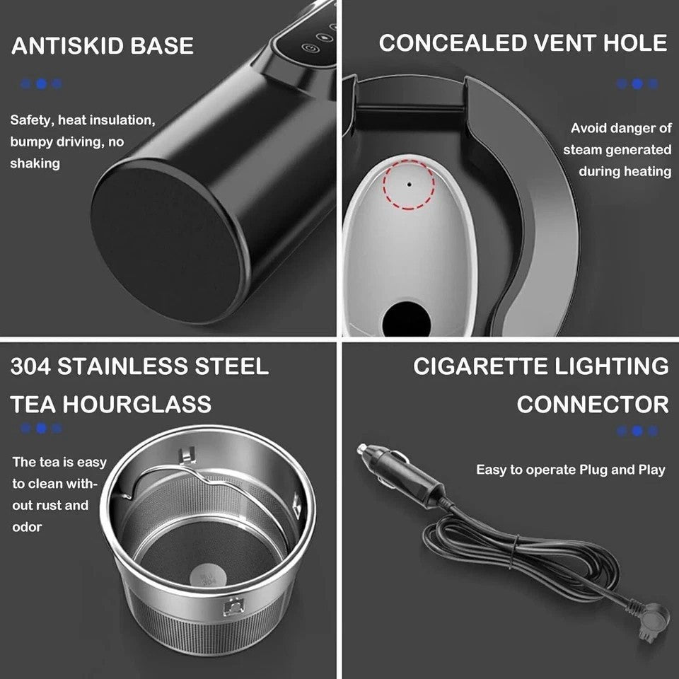 12V/24V Electric Kettle Car Heating Cup 500ml Thermos With Smart Touch Screen .