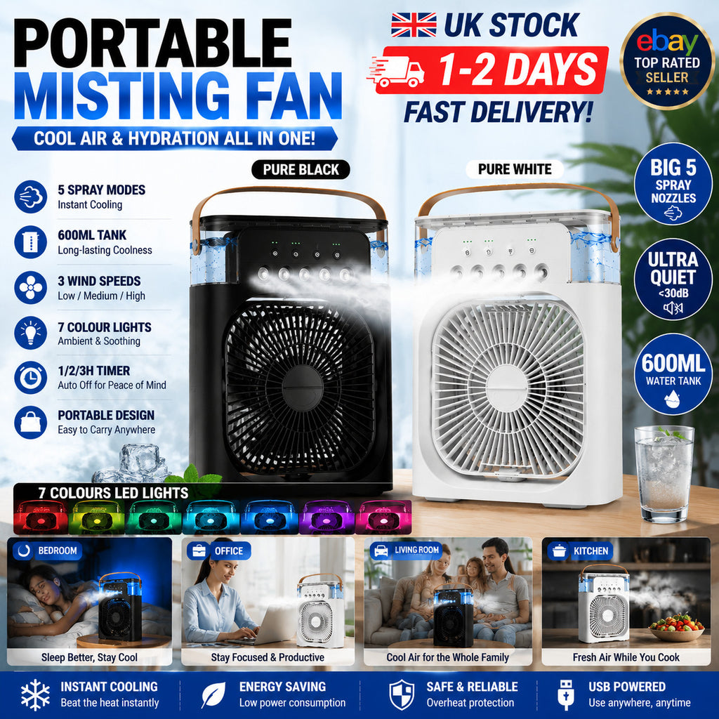 2X Portable Air Cooler Fan Black & White Evaporative AC Humidifier UK