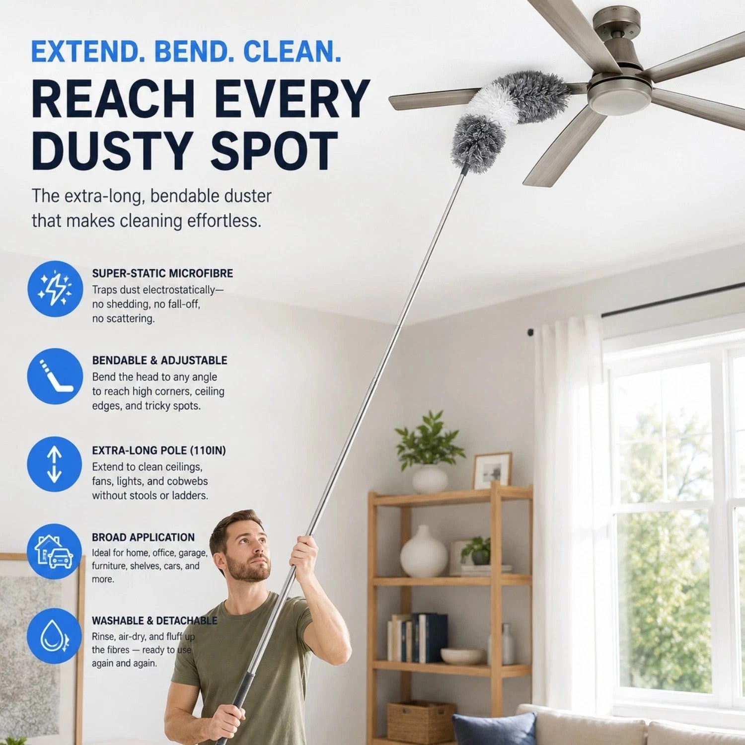 2.8m Extra Long Microfiber Duster for Cleaning Fan, High Ceiling, Blinds