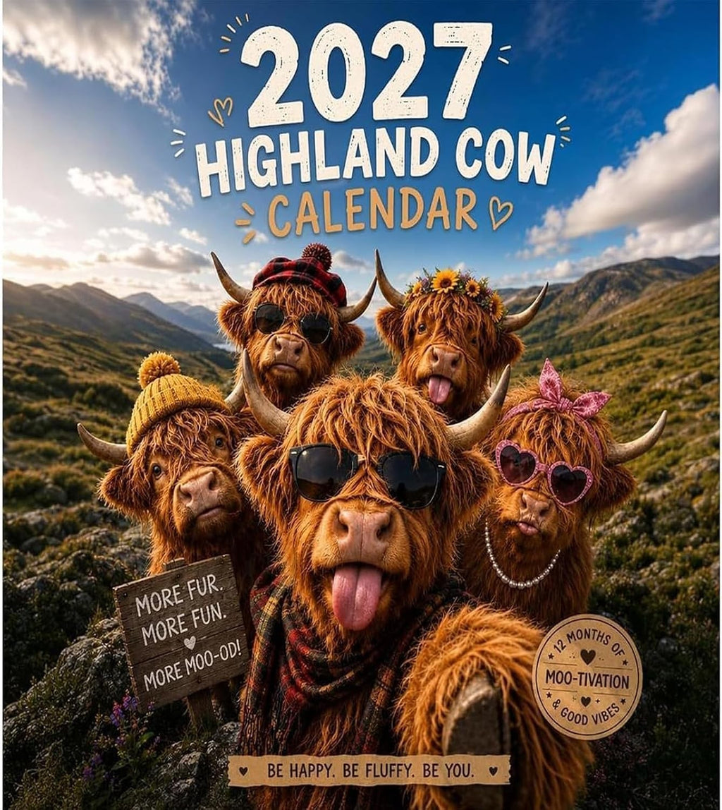 2027 Funny Highland Cow Wall Calendar, highland cow calendar 2027