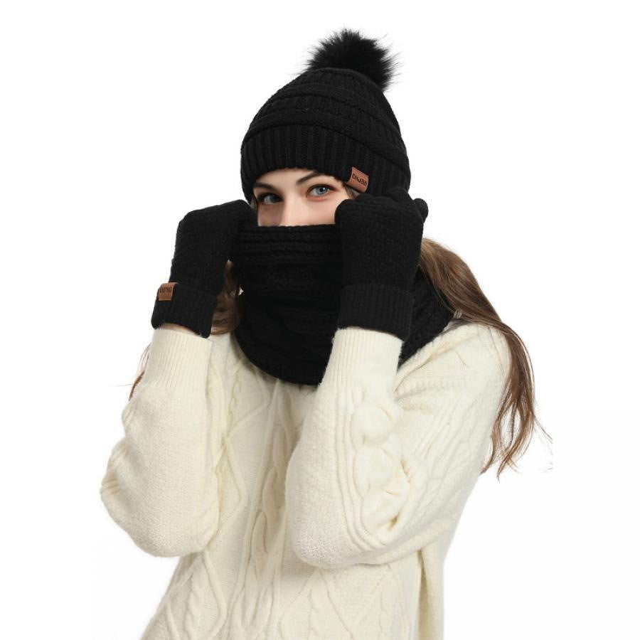 Hat Scarf and Gloves Set Ladies, Winter Beanie Hat for Women with Pom Pom Fleece
