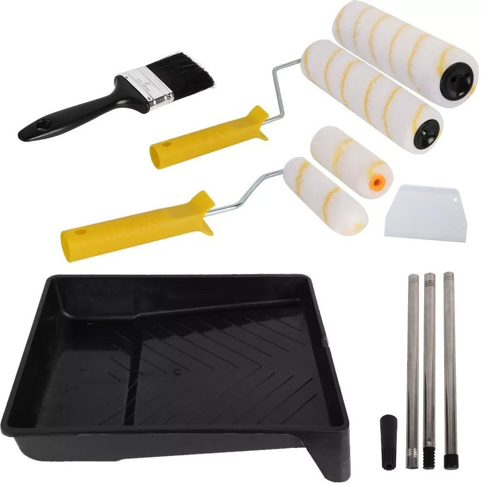 Set Paint Rollers Extension Pole Tray Brush Roller Sleeves Painting Wall Ceiling