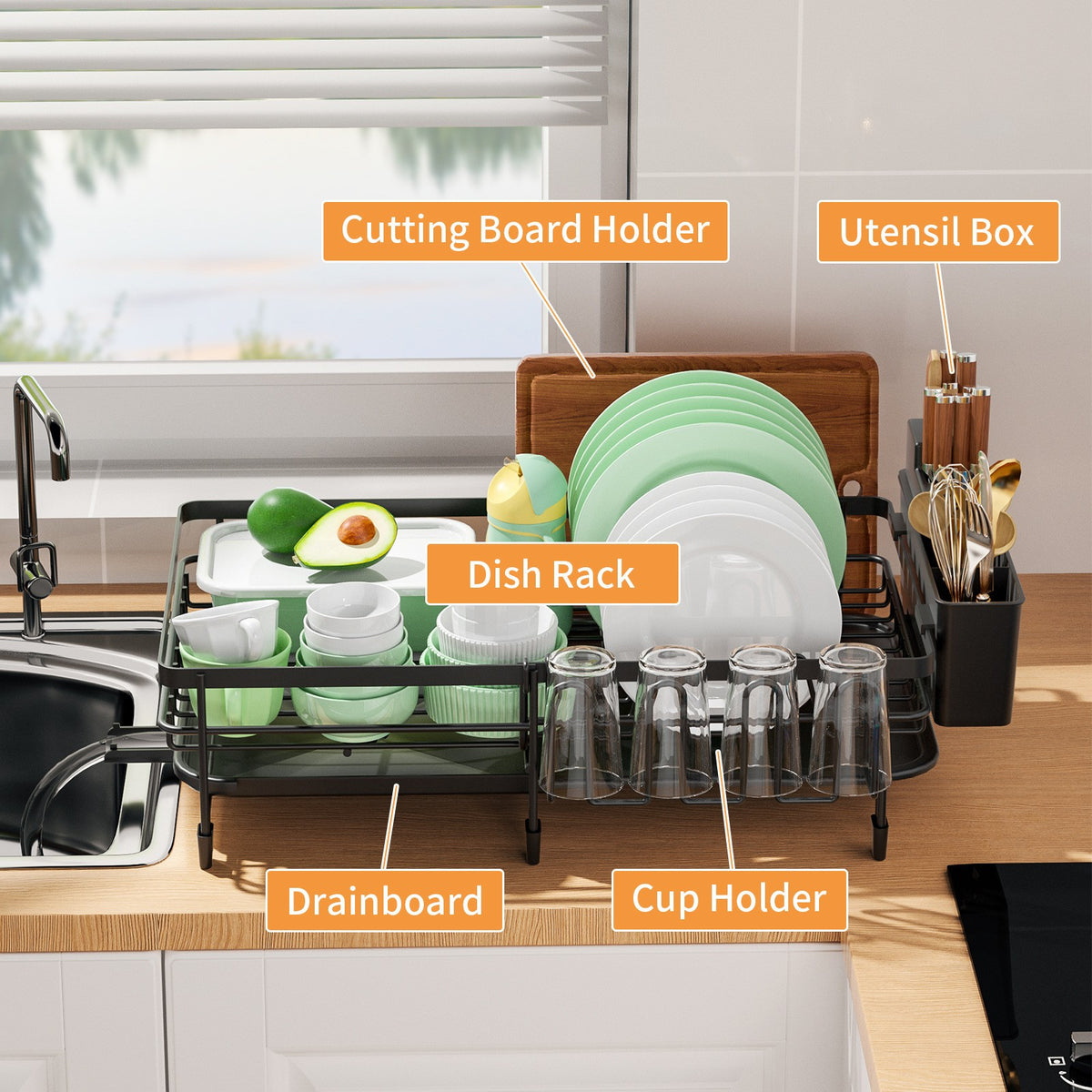 Dish Drainer Rack-With Cutlery Cup Holder-Utensil Holder For Kitchen Counter