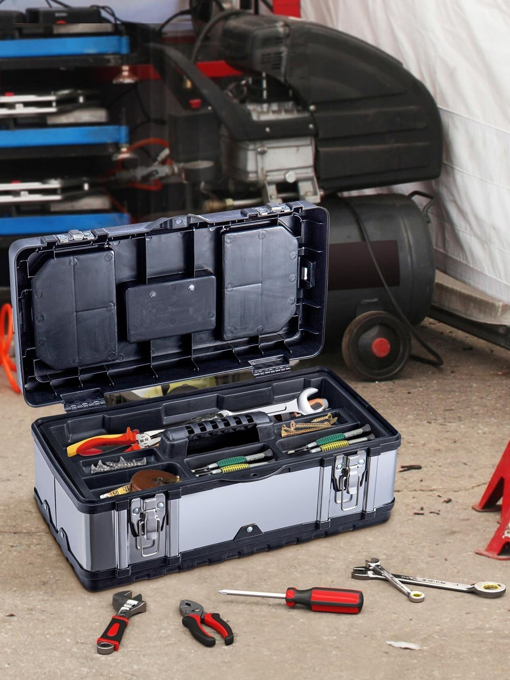 Stainless Steel Chest Storage Case + Removable Tray Heavy Duty Tool Box