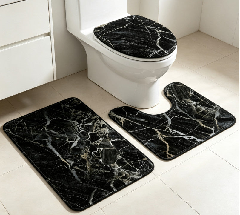 3PCS Marble Bath Mat Pedestal Set Non Slip Bathroom Mats Ultra Soft Toilet Rugs