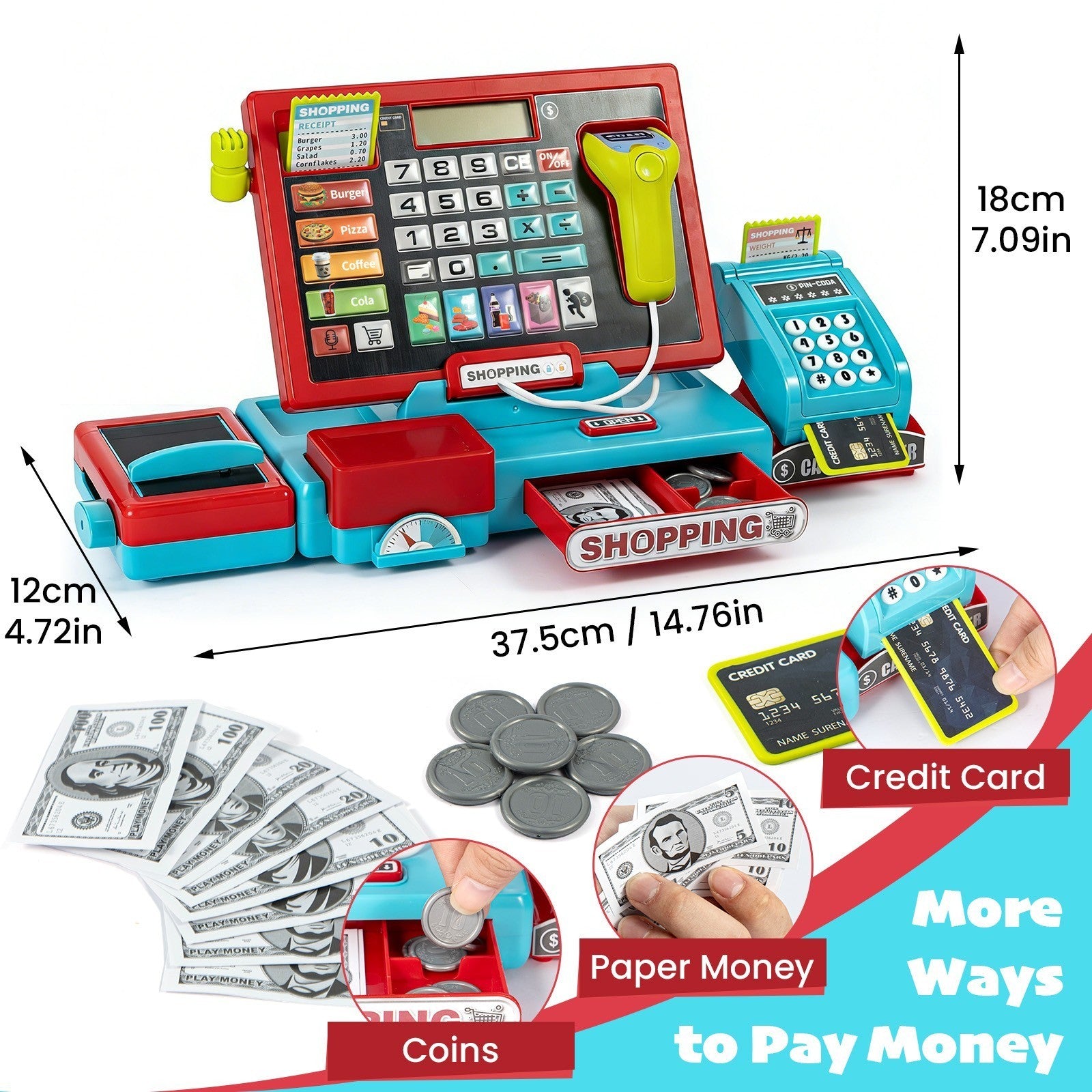 Kids Cash Register Toy Playset with Real Calculator, Pretend Play Store Toy