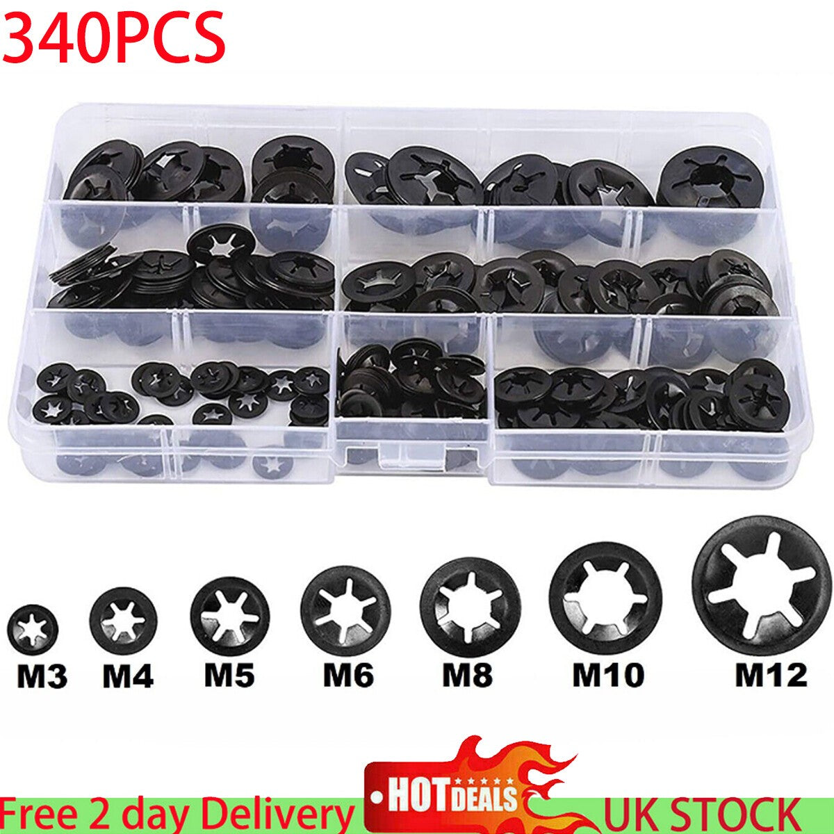 280/340Pcs Starlock Washers Push On Lock Star Tooth Grab Fastener Clips Lock Set