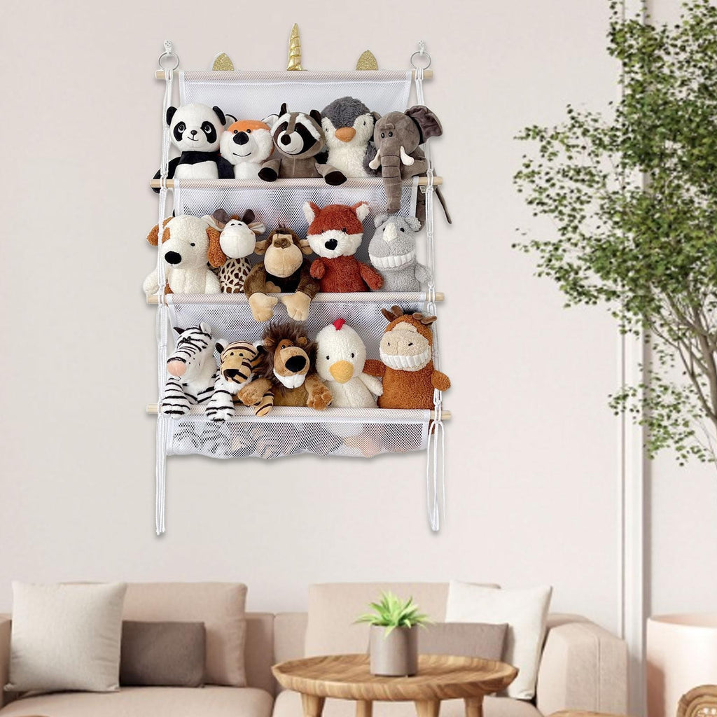 Wall Hanging Toy Organizer 3 Tier Plush Toy Storage Net for Nursery Bathroom