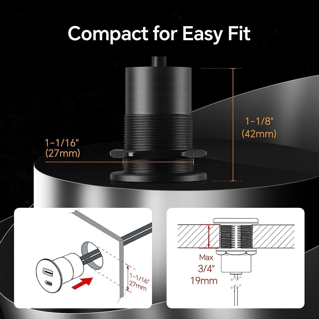 Aluminum 12V Car USB Socket Dual QC3.0 USB-A PD3.0 USB-C Campervan Power Outlet