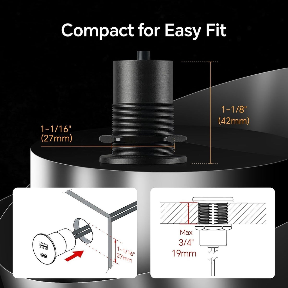 Aluminum 12V Car USB Socket Dual QC3.0 USB-A PD3.0 USB-C Campervan Power Outlet