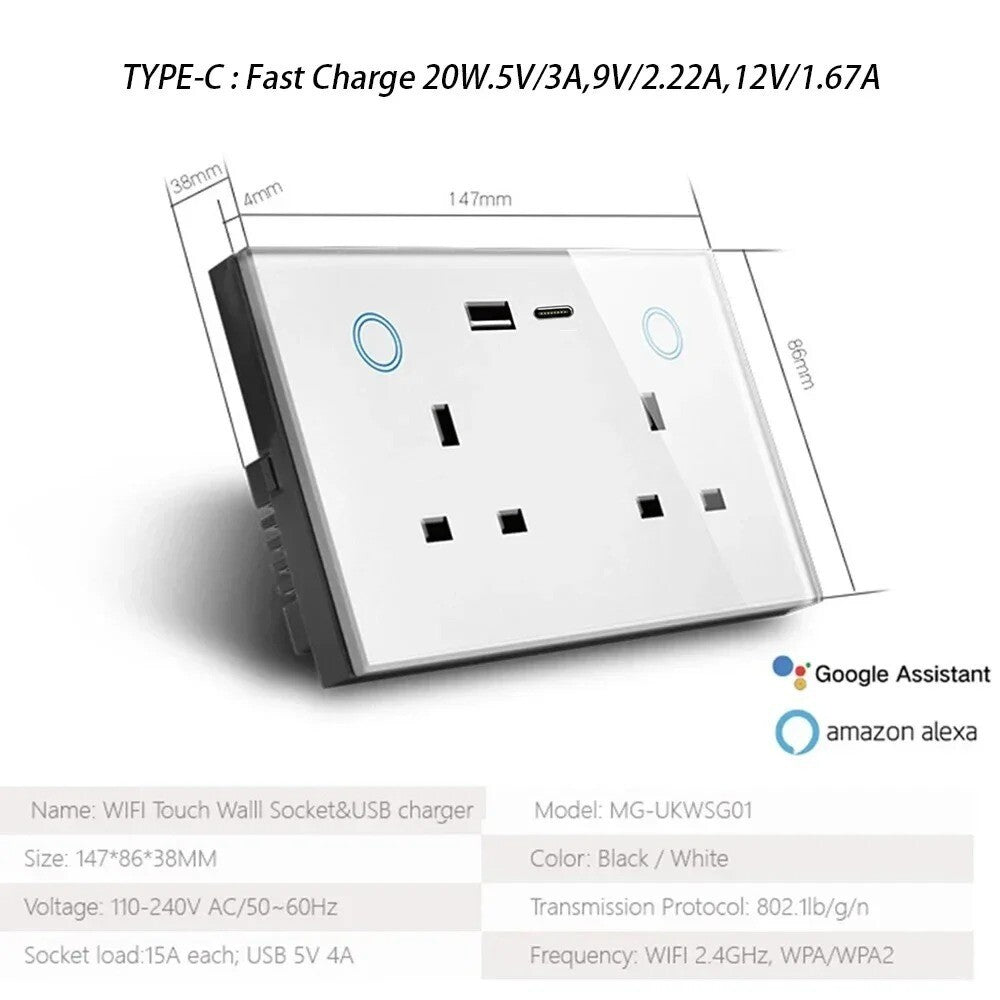 Smart WiFi Dual UK Wall Socket USB Type-C Touch Control Switch Alexa Google Home