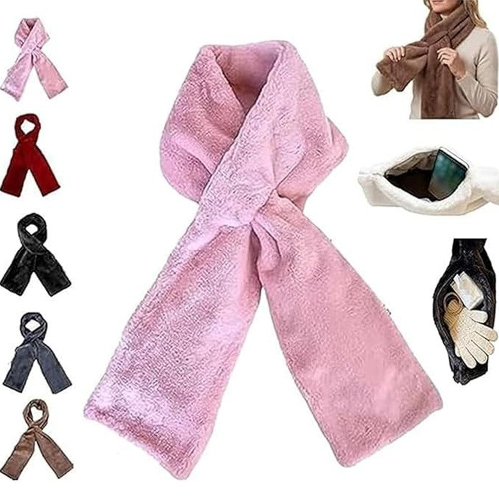 Faux-Fur Pull Through Scarf With Hidden Zipper Pocket Warm Neckwear for Women