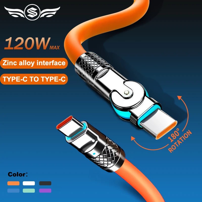 120W USB C to USB C Cable 6A Super Fast Charging 180° Rotating Elbow Silicone 2M
