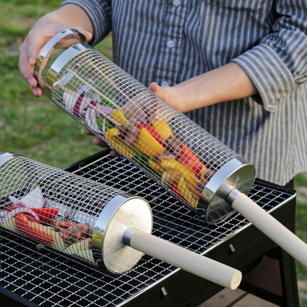 Rolling Grill Basket BBQ Net Tube Cylinder BBQ Grilling Meat Vegetable Cage UK