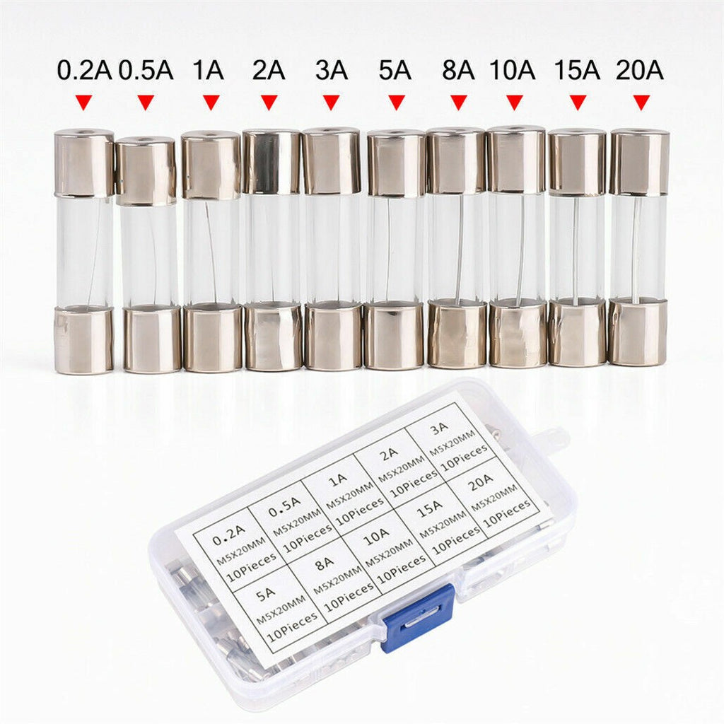 100PCS 5x20mm Quick Blow Glass Tube Fuse Assorted Kits Fast Action Glass Fuses