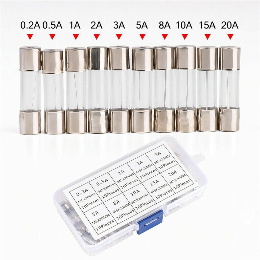 100PCS 5x20mm Quick Blow Glass Tube Fuse Assorted Kits Fast Action Glass Fuses