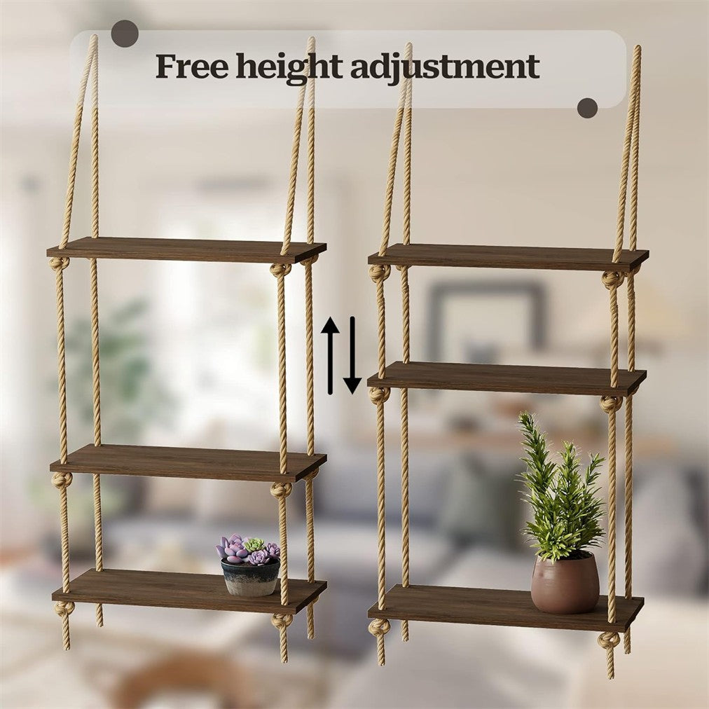 3 Tiers Boho Hanging Wall Shelves Swing Rope Floating Shelf Window Plant Hanger