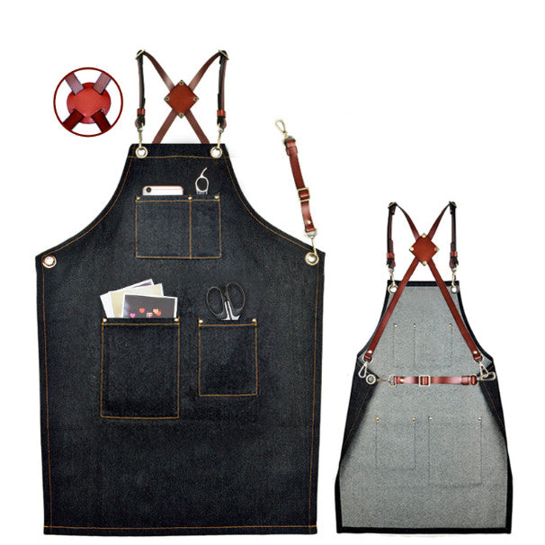 New Denim Leather Strap Bib Apron Barista Bartender BBQ Chef Cook Waiter Uniform