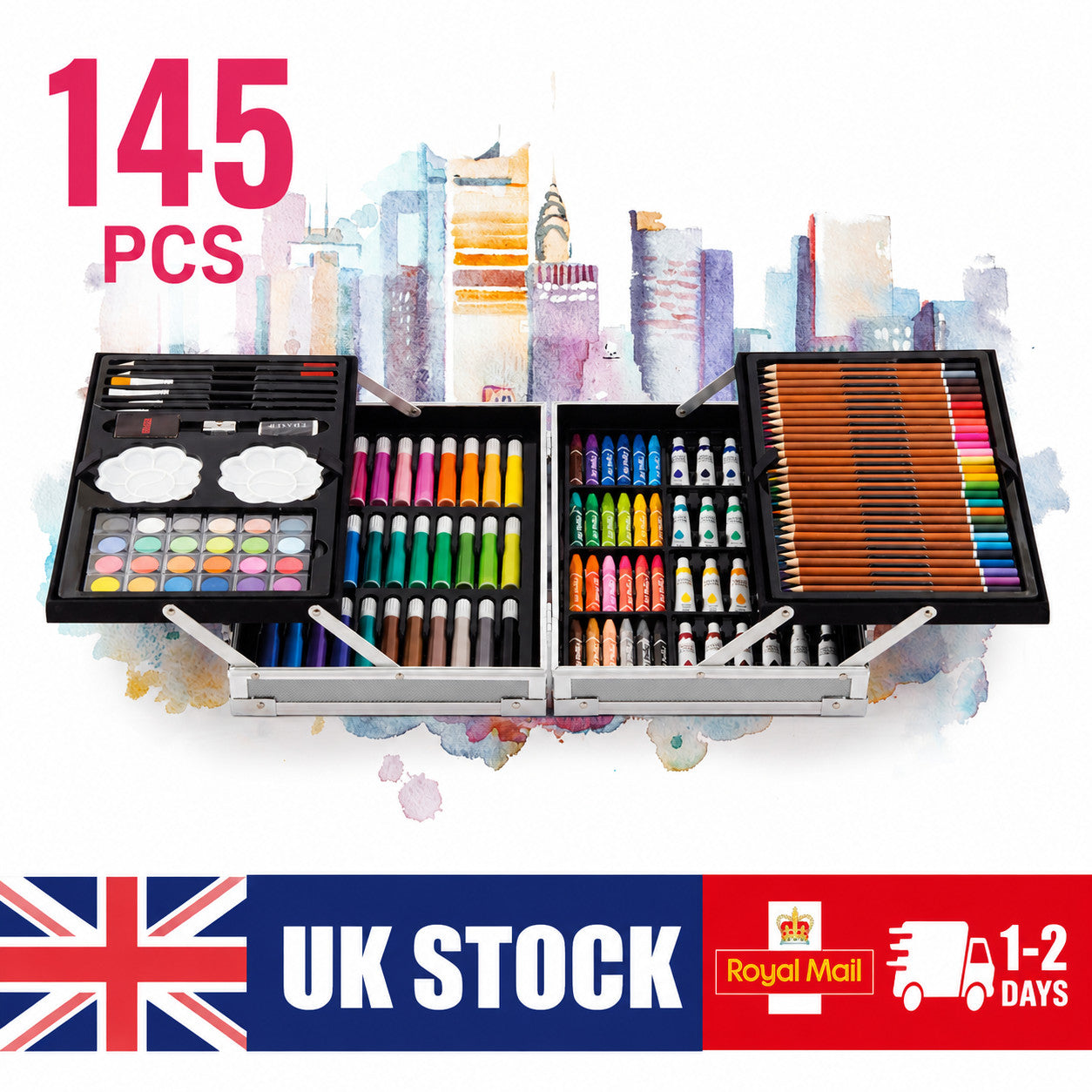 145Pc Art Case Colouring Pencil Set Aluminium Painting Pencils Adult Kids Box