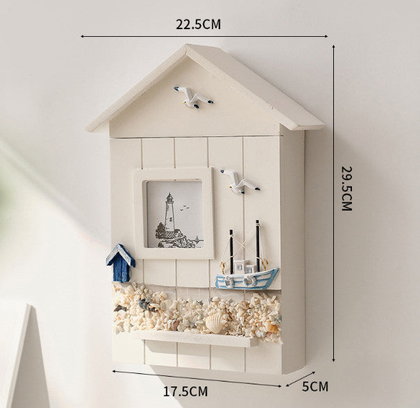Wall Wooden Key Storage Box Ocean Theme Decoration 11.6x2x8.8inch Handmade