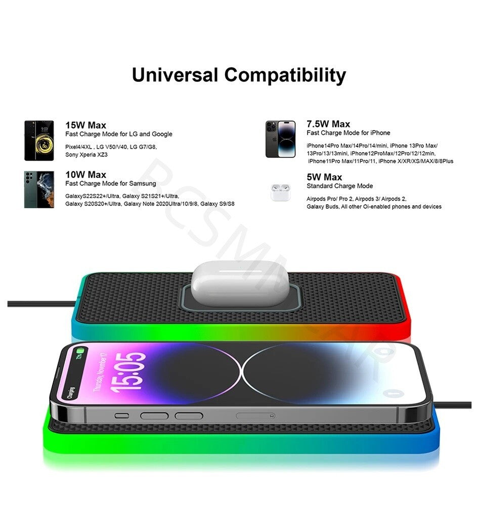 Wireless Car Phone Charger Pad Fast Charging Non-slip Mat W/LED Atmosphere Light