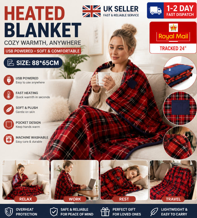 Electric Heated Throw Over Blanket Warm Washable Fleece Winter Warming USB Power