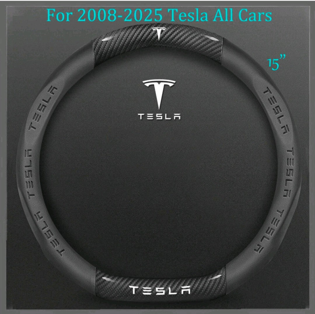15" PU Leather & Carbon Fiber Steering Wheel Cover for 2008-2025 Tesla All Model