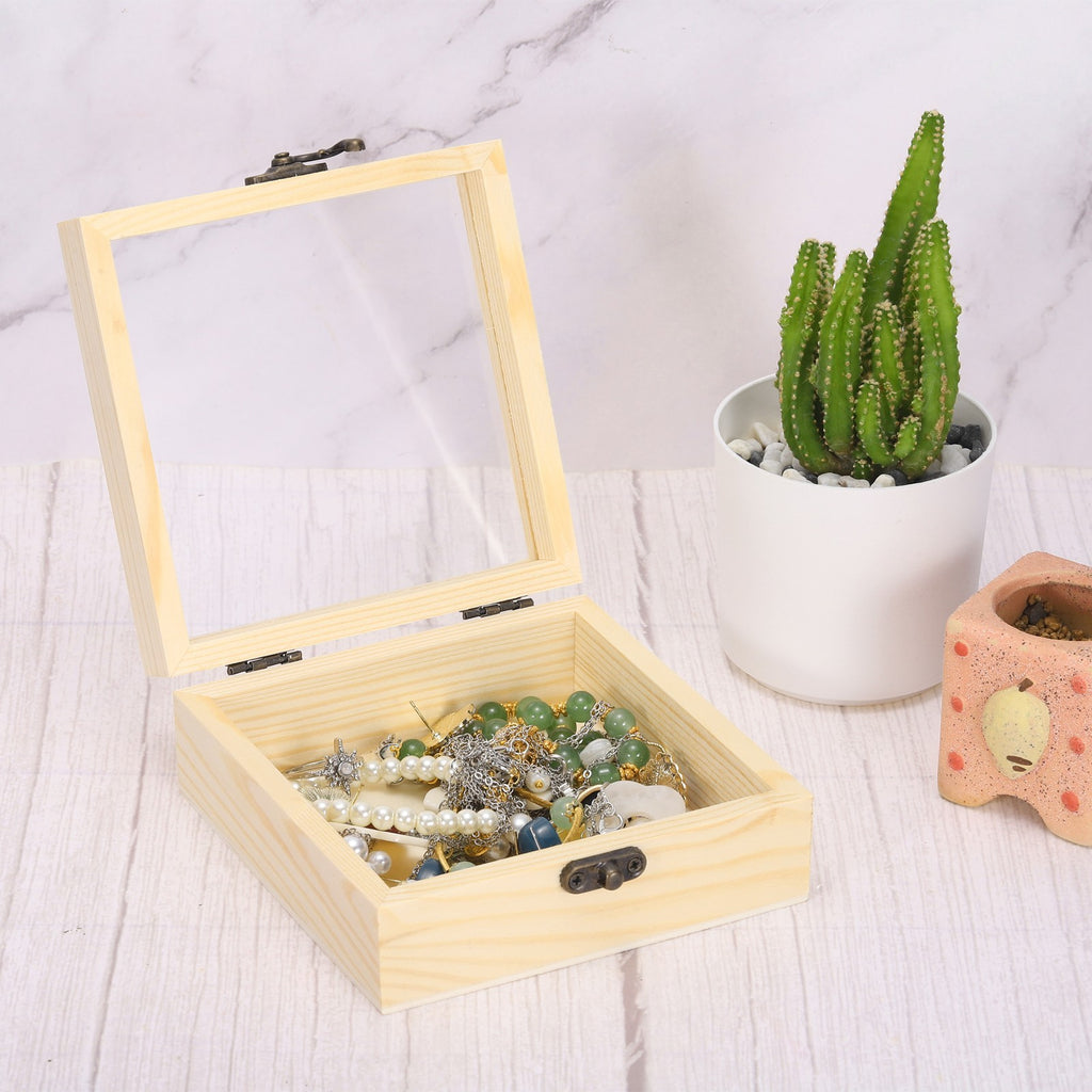 2PCS Unfinished Wooden Display Box with Hinged Lid for DIY Craft Beige