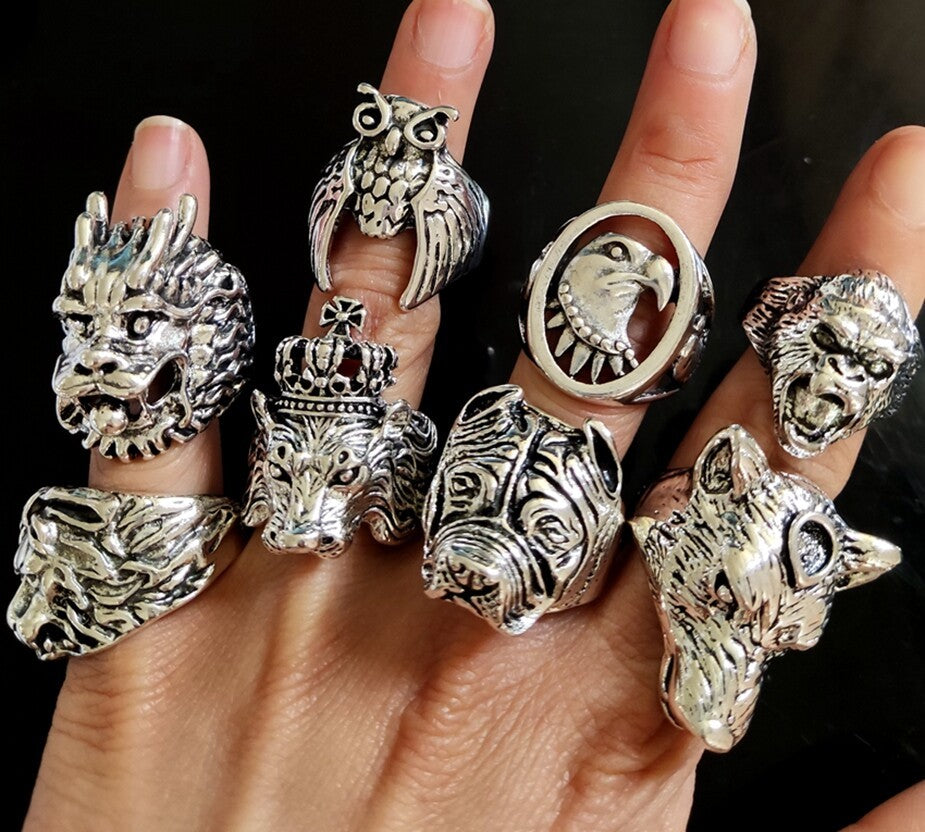Wholesale Lot 25 Vintage Ferocious Animal Head Punk Rings Retro Jewelry For Men