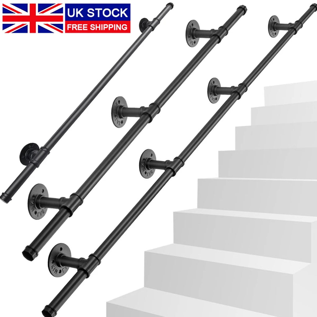 Industrial Pipe Stair Handrail Wall Mounted Grab Rail Staircase Banister Support
