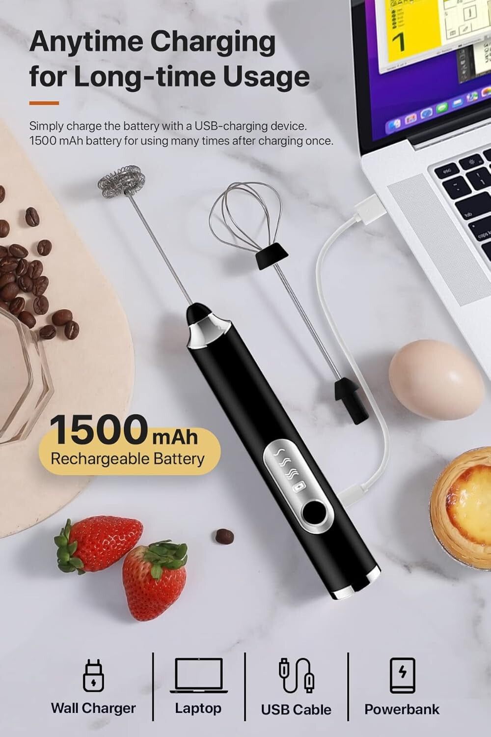 New USB Charging Hand Mixer Milk Frother Egg Beater For Coffee Frappe Drinks