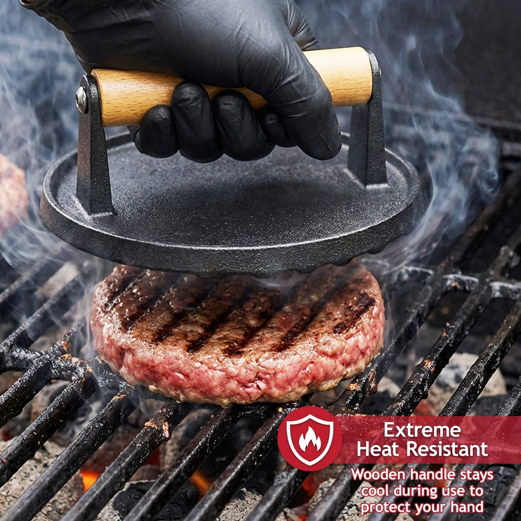 Burger Press Cast Iron 6.9" Heat Resistant Wood Handle BBQ Meat Grill Smash Tool