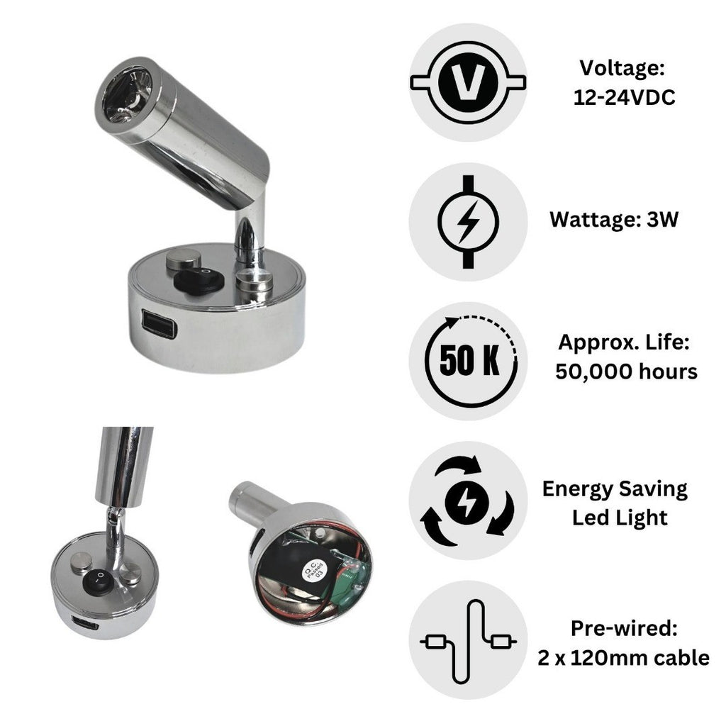 12V LED Reading Light USB Port Chrome Campervan Caravan Boat Lamps Pack of 2