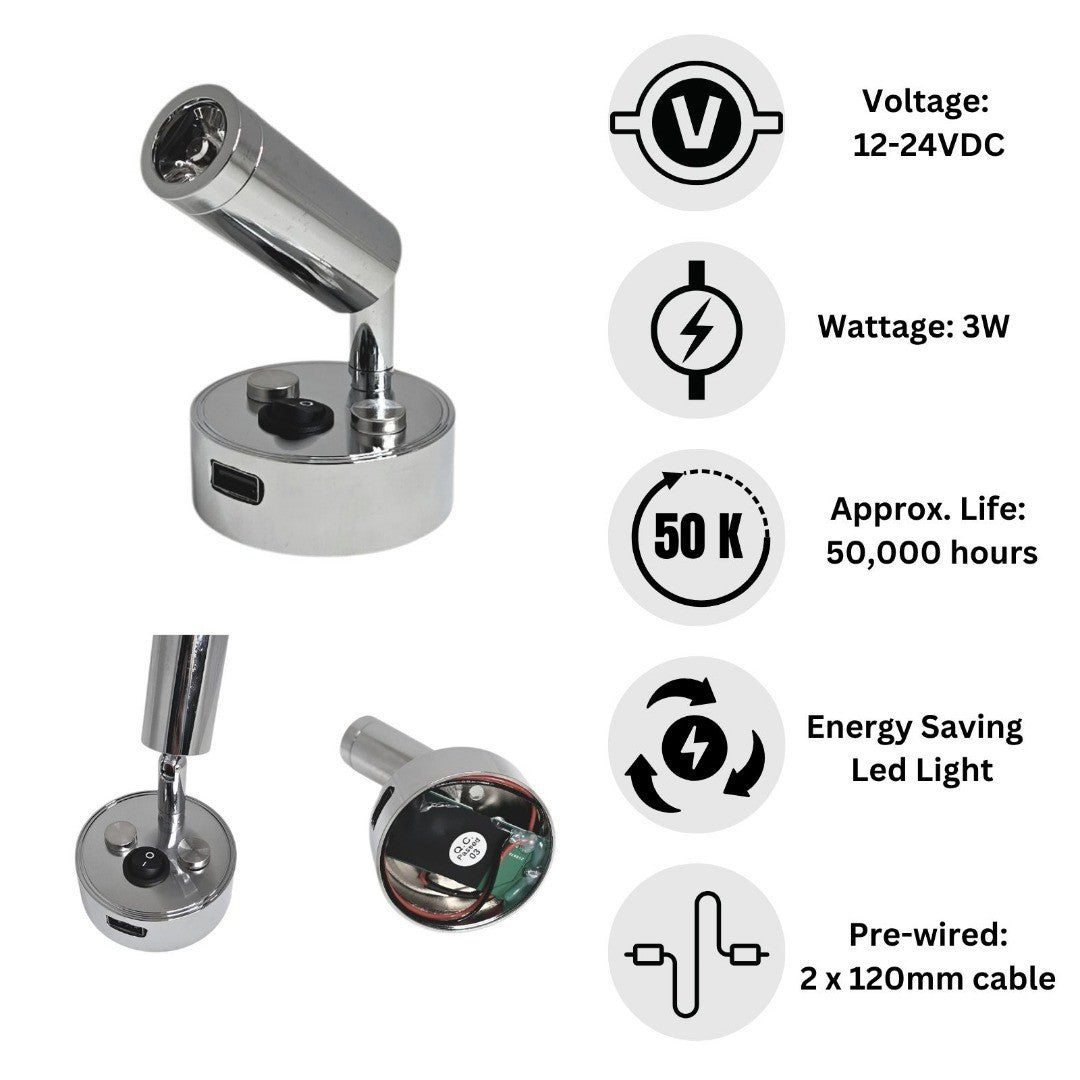 12V LED Reading Light USB Port Chrome Campervan Caravan Boat Lamps Pack of 2