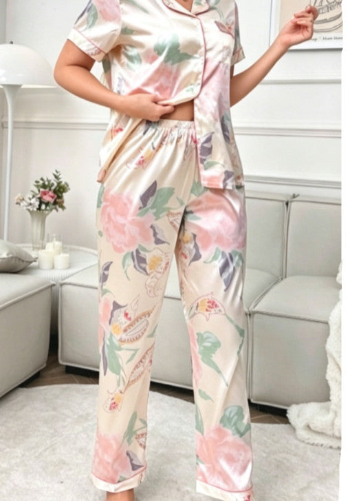 Womens Ladies Satin Nightwear Pyjamas 2Pcs Set Silk PJS Short Sleeve Sleepwear