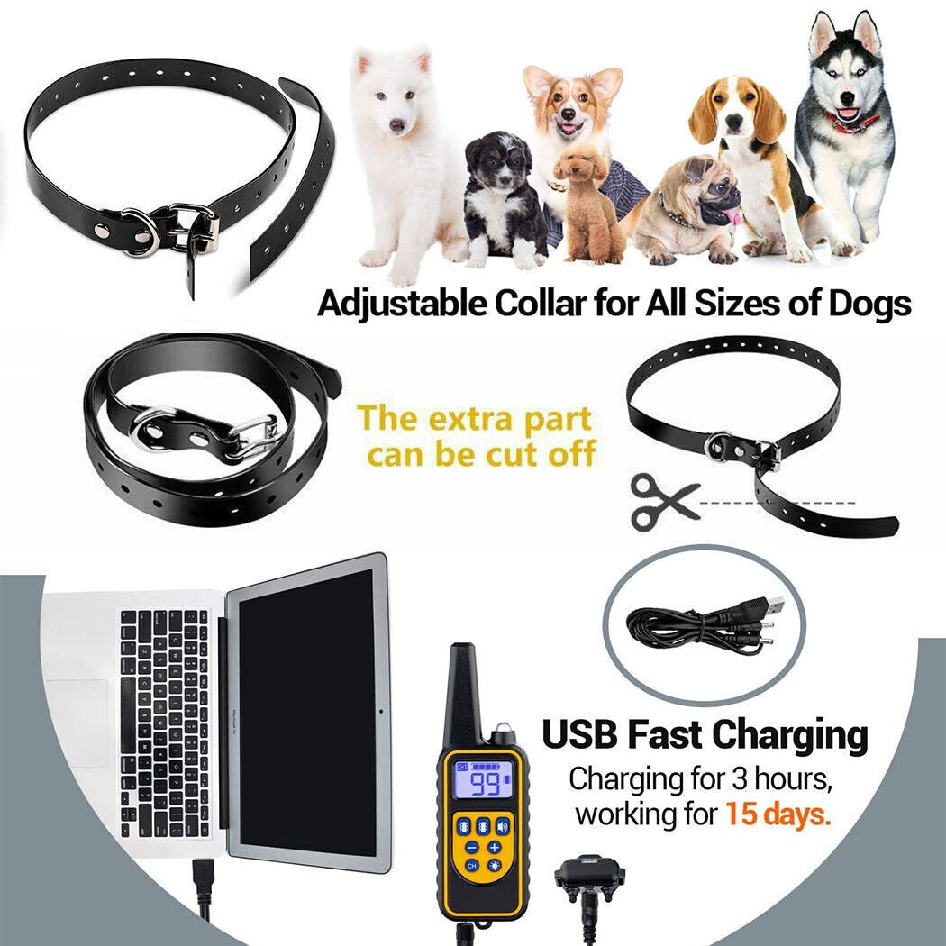 800M Electric Dog Pet Training Collar Waterproof Electric Shock Anti Bark Remote