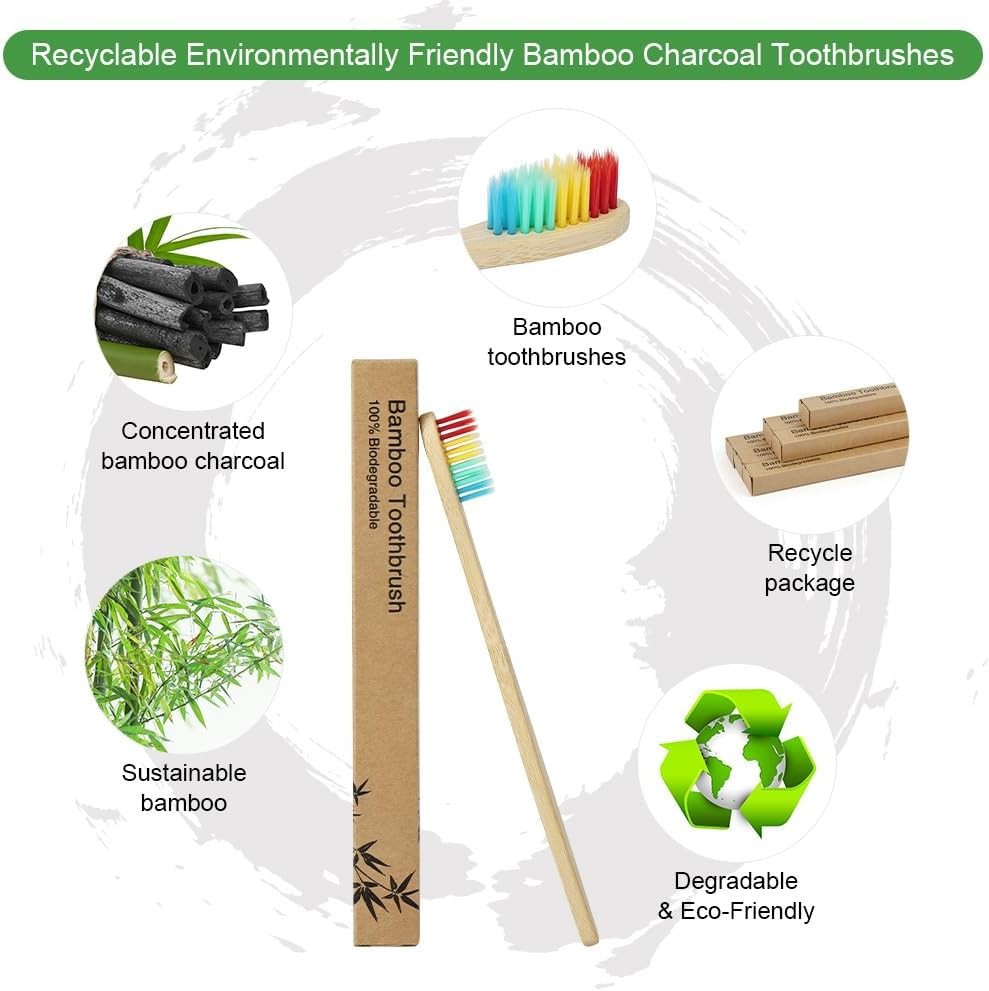 Bamboo Toothbrushes for Adults, 12 Pack Eco Friendly Natural Wooden Toothbrush,