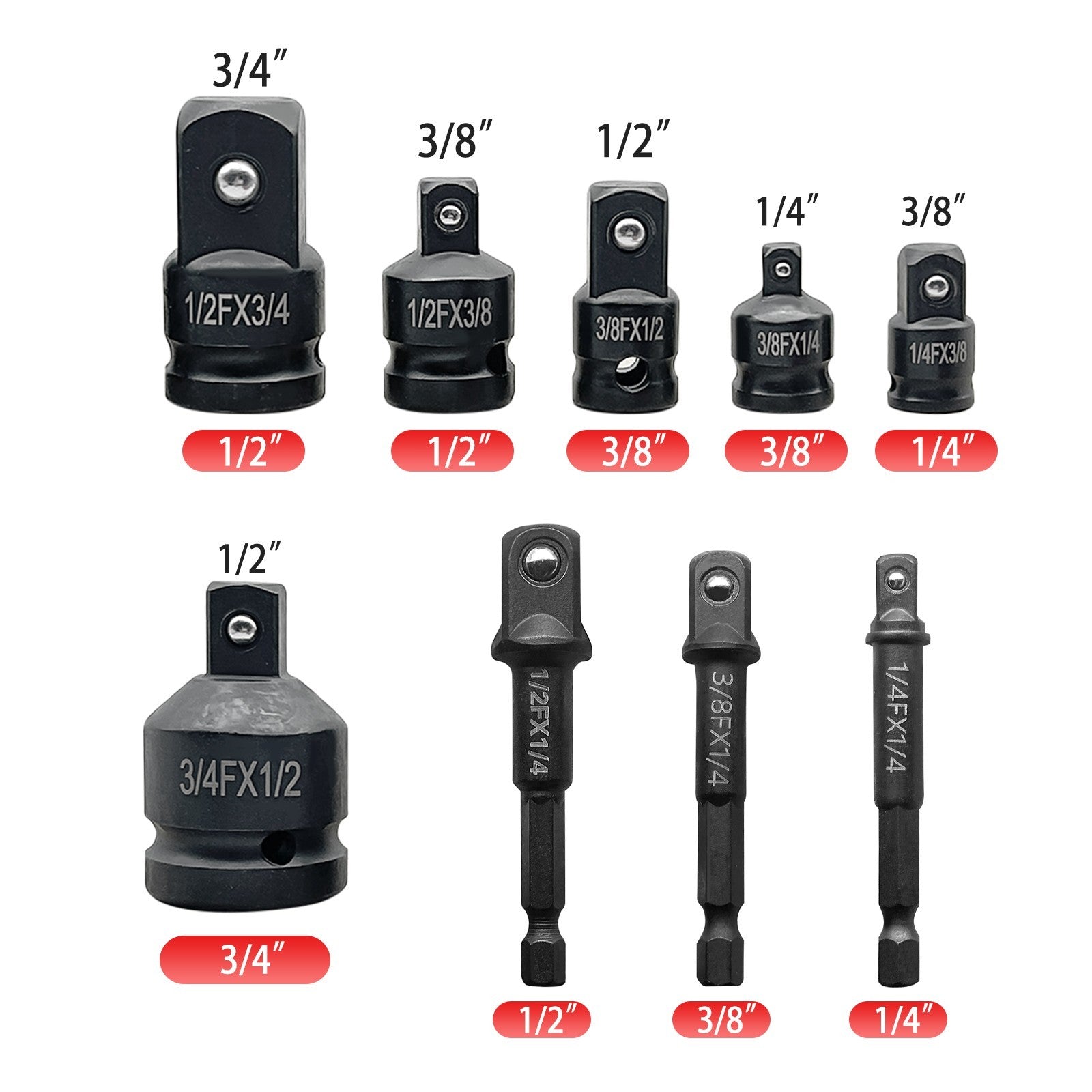 9Pcs Impact Adapter Reducer Socket Converter Set 3/4 1/4 3/8 1/2" Female to Male