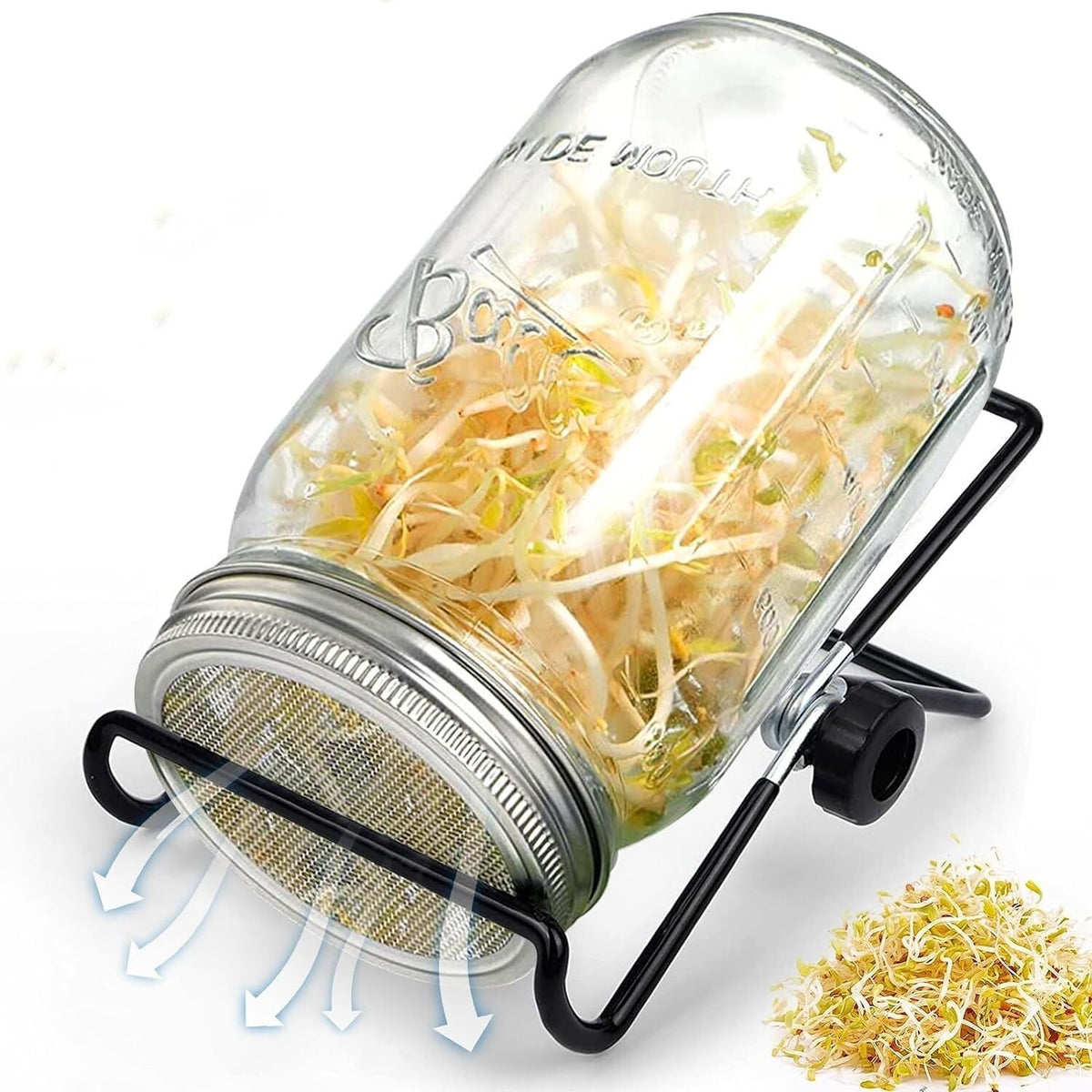 16OZ Seed Sprouter Kit Sprouting Mason Jar w/ Stainless Steel Strainer+Lid+Stand