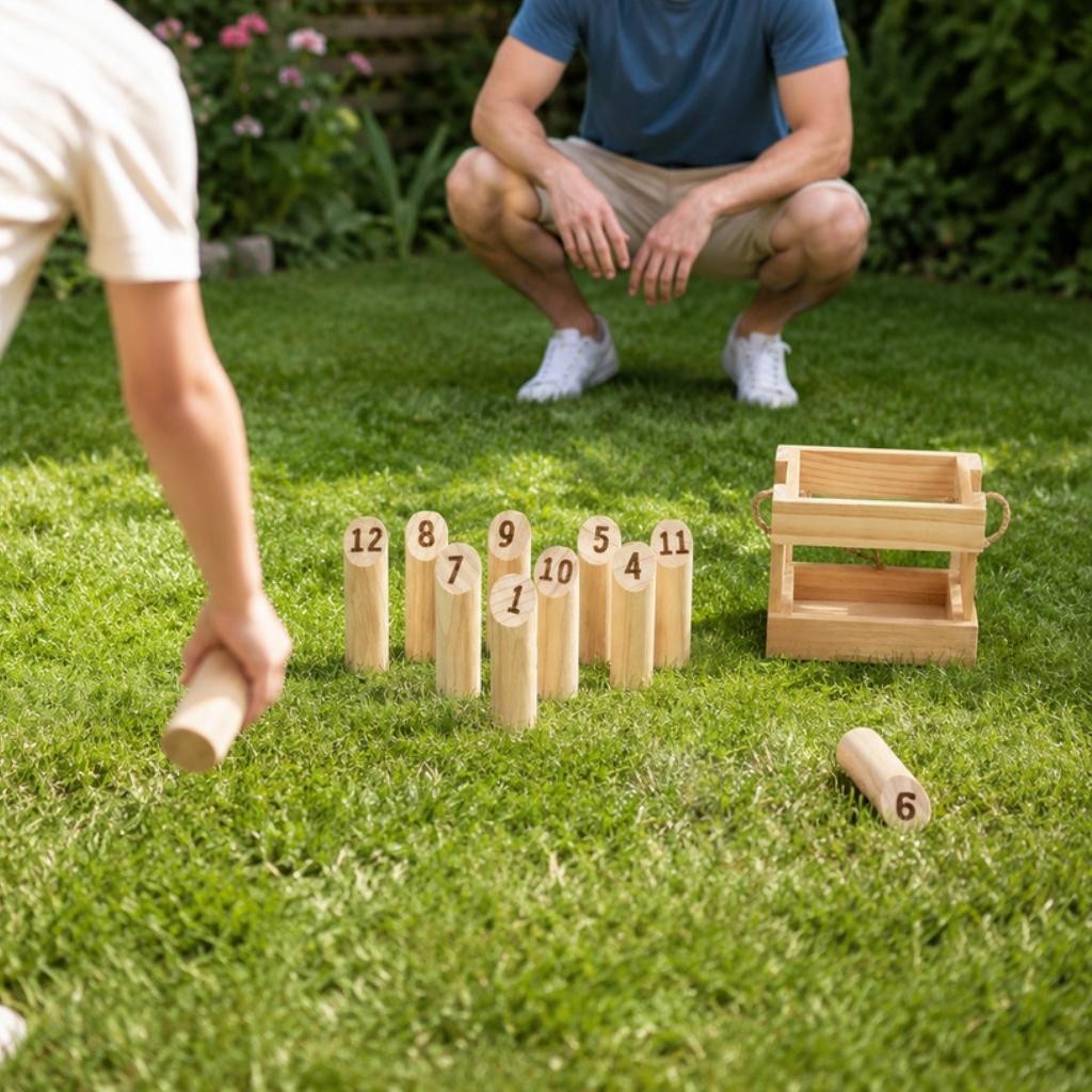 Wooden Molkky Game Set with Storage Box for Outdoor Family Fun and Play