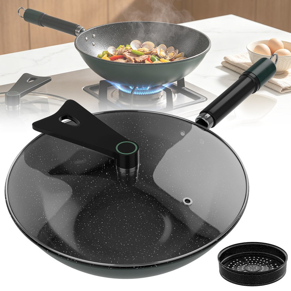 32CM Non Stick Frying Pan Wok Pan Anti-Scalding Handle w/ Lid For Gas, Electric