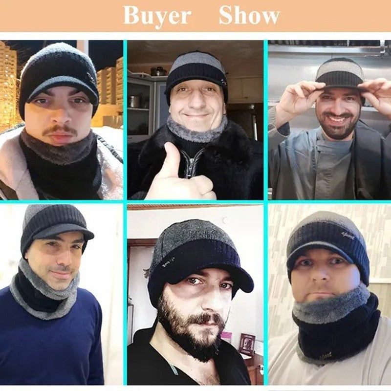 Mens Winter Warm Peaked Beanie Hat Fleece Lined Outdoor Ski Cap with Scarf