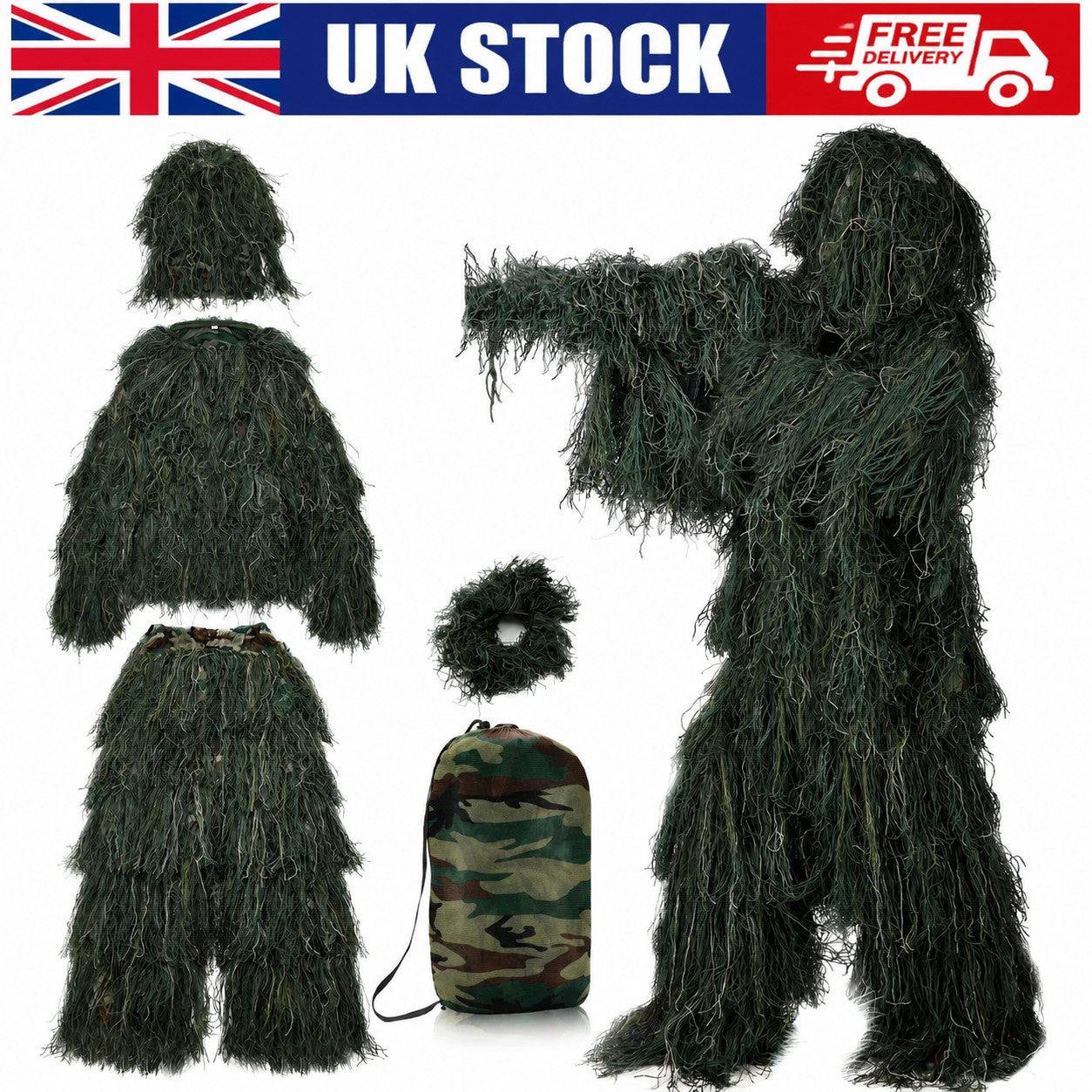 Multi-Scenario Woodland Camouflage Ghillie Suit – Adult Hunting Camouflage Gear