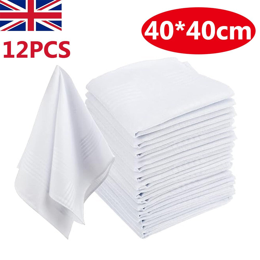 12xMens Large White Square Handkerchief Soft Cotton Hankies Hankerchiefs 40x40cm