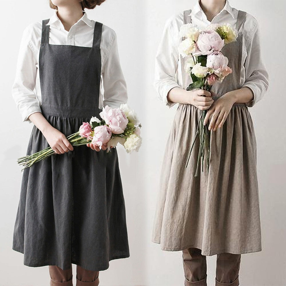 Apron Cotton Linen Crossover Pinafore Dress Home Cooking Kitchen Painting