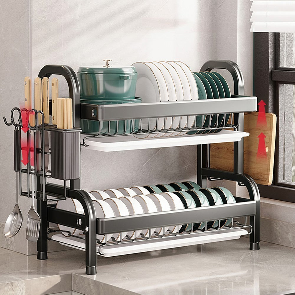 2 Tiers Large Dish Drainer Plate Rack Dryer Knives Cutlery Holder with Drip Tray