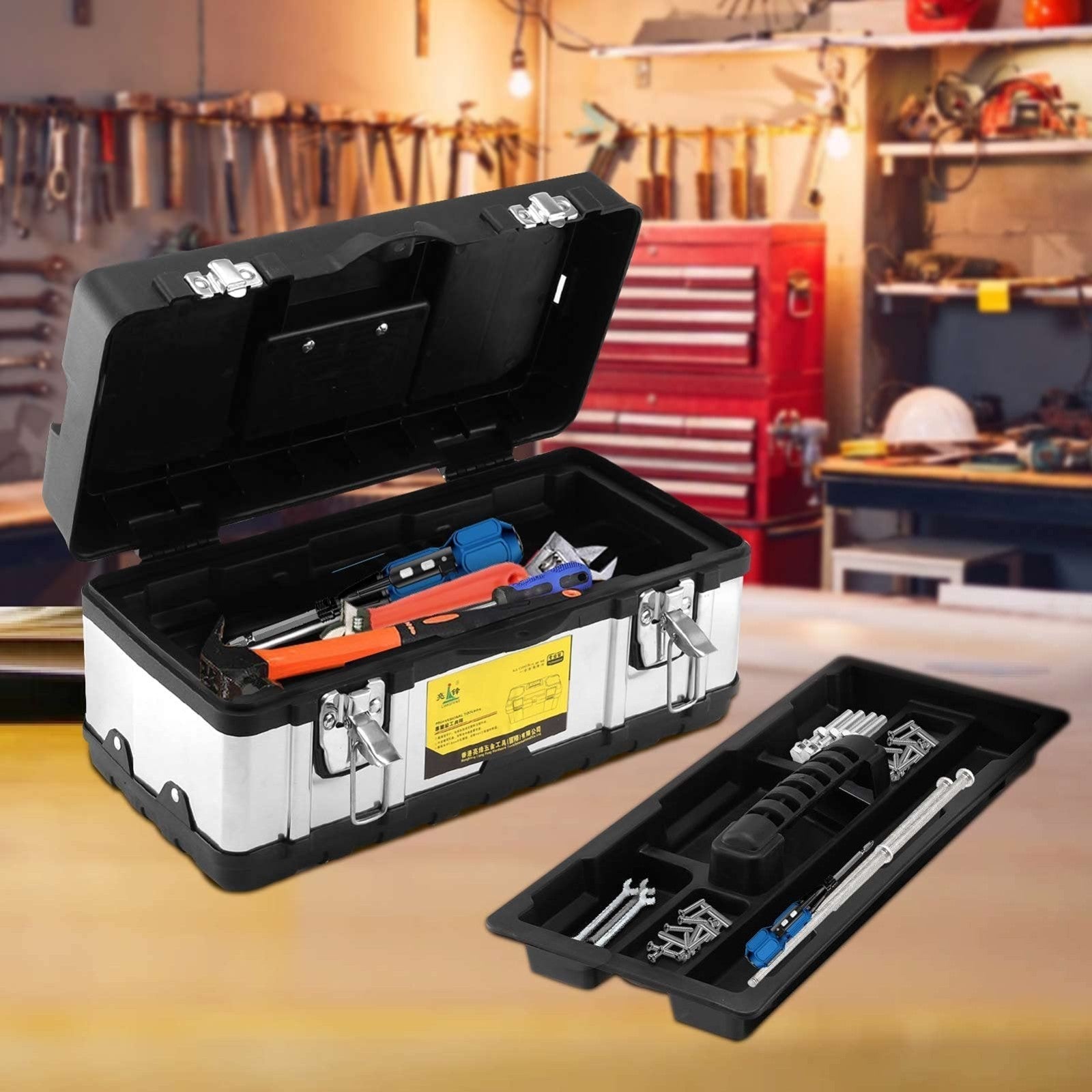 Stainless Steel Chest Storage Case + Removable Tray Heavy Duty Tool Box
