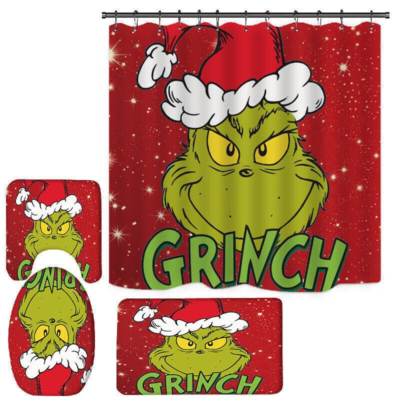 3D How the Grinch Stole Christmas Shower Curtain Bath Mat Toilet Cover Rug UK